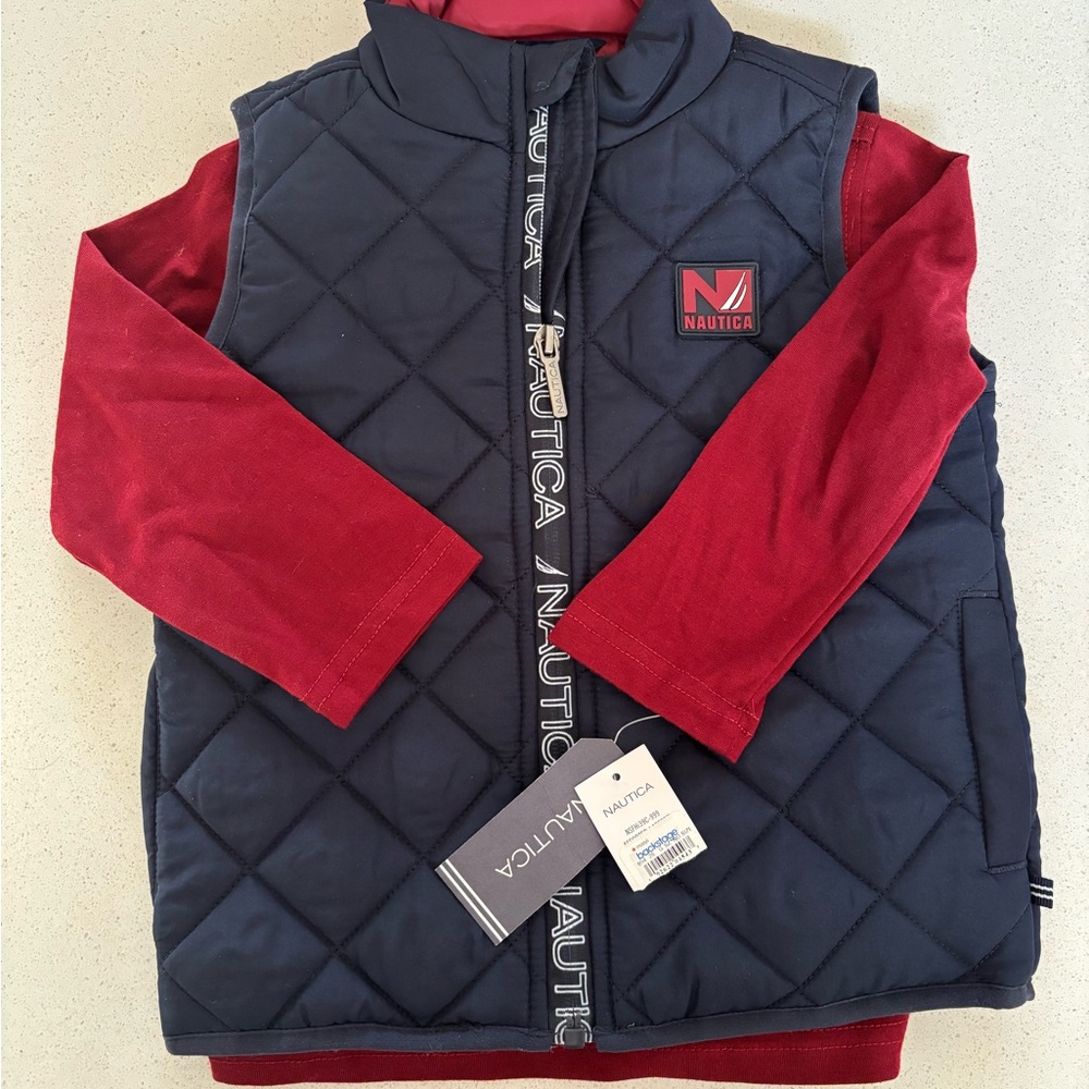 Nautica Navy Quilted Vest with Red Long Sleeve Shirt. NWT 24 months